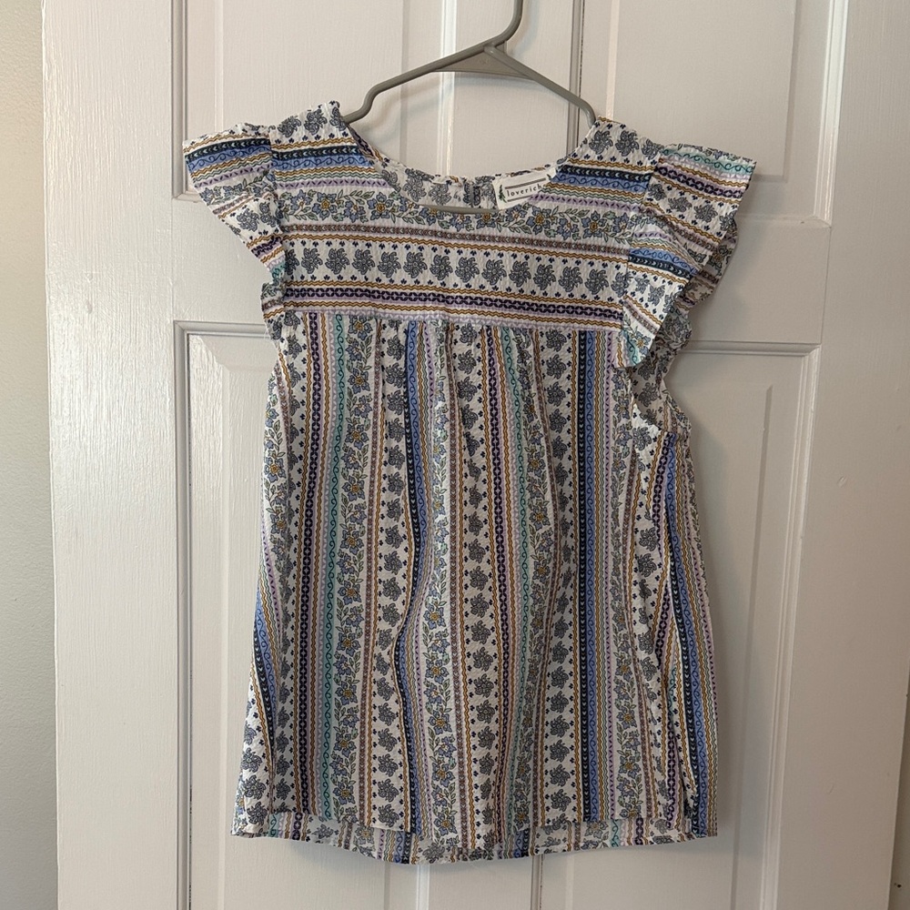 Loveriche Blue, Green and Cream Striped Flutter-Sleeve Top